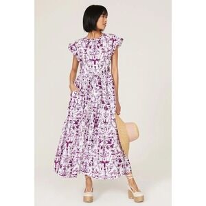 Patou White Purple Toile Flutter Sleeve Maxi Dress Size 36 or US Size 2